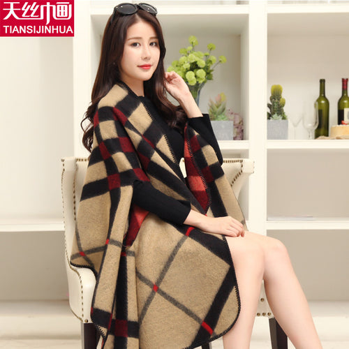 Luxury Brand Plaid Cashmere Winter Woman Poncho Scarf Female Oversized Blanket Wrap Wool Cape  Women Pashmina Shawls and Scarves - Be@utyF@shion