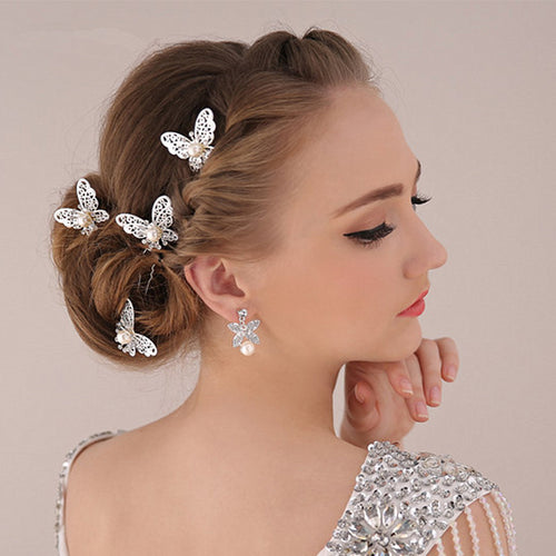 New Wedding Accessories Pearl Hair Jewelry Headwear Charm Silver Plated Butterfly U Shape Hairpin Hair Sticks For Bridal F1608 - Be@utyF@shion