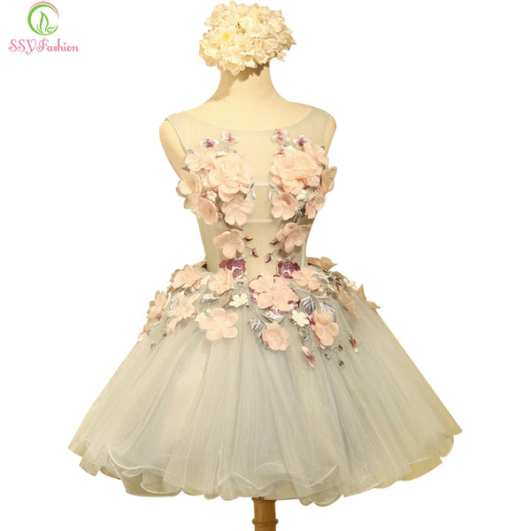 SSYFashion New Arrvial Sweet Flower Cocktail Dress Bride Banquet Sweet Organza Sleeveless Appliques Mini Party Ball Gown Custom - Be@utyF@shion