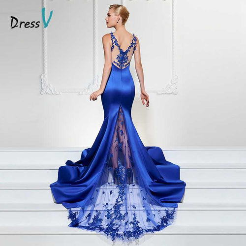 Dressv royal blue long evening dress sexy v neck mermaid sweep train luxurious formal party dress trumpet lace evening dresses - Be@utyF@shion