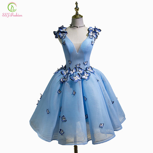 SSYFashion New Sexy Cocktail Dress The Bride Banquet Sky Blue V-neck Sleeveless Backless Butterfly Party Ball Gown Custom Made - Be@utyF@shion