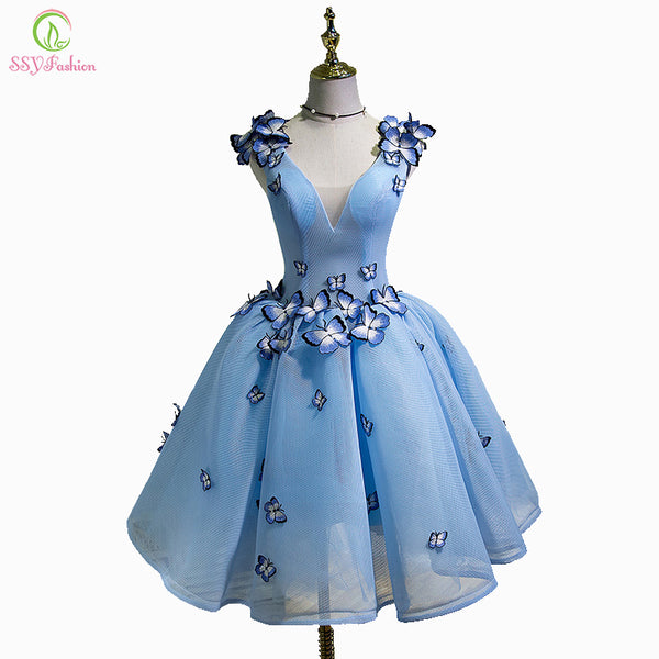 SSYFashion New Sexy Cocktail Dress The Bride Banquet Sky Blue V-neck Sleeveless Backless Butterfly Party Ball Gown Custom Made - Be@utyF@shion