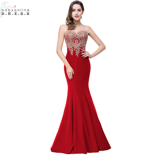 Robe de Soiree Longue Sexy Backless Red Mermaid Lace Evening Dress 2017 Long Cheap Appliques Evening Gowns Vestido de Festa - Be@utyF@shion