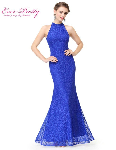 Women's Long Sapphire Blue Prom Dresses Ever Pretty EP08865 Sexy Halter Lace Summer Style Party Dresses Mermaid Prom Dresses - Be@utyF@shion