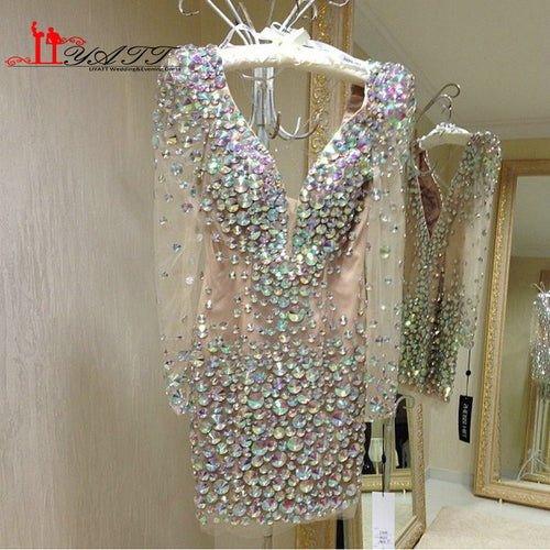 Amazing GlamorousColorful Crystal Long Sleeves V-neck Blining Cocktail Dresses 2016  Sexy Mini Women Party Dress Liyatt - Be@utyF@shion