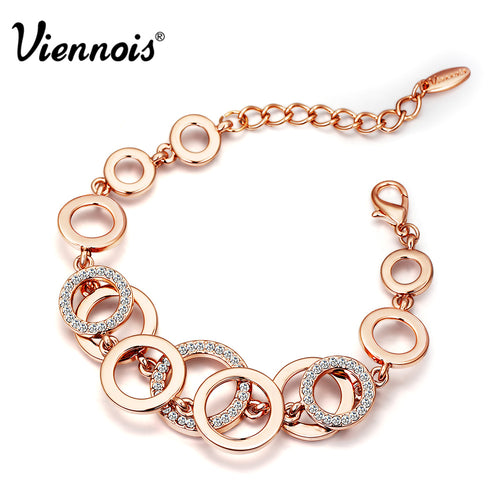 Viennois Rose Gold & Silver Color Circles Bracelet & Bangles for Woman Rhinestones Paved Double Layer Round Female Bracelets - Be@utyF@shion