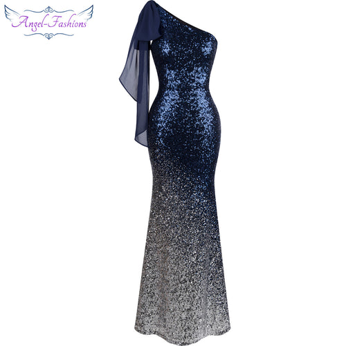 Angel-fashions Long Evening Dress Vintage Sequin Gradient Mermaid Dresses Blue 286 - Be@utyF@shion