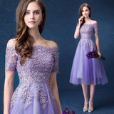 SOCCI Lavender Lace Sexy Boat-Neck Strapless Cocktail Dress New Lace-up Back Women Tea-Length Gowns Lady Wedding Party Dresses - Be@utyF@shion