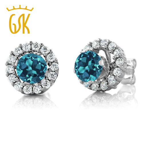 GemStoneKing 1.49 Ct Round Natural London Blue Topaz Women's Earrings Solid 925 Sterling Silver Stud Earrings with Jackets - Be@utyF@shion