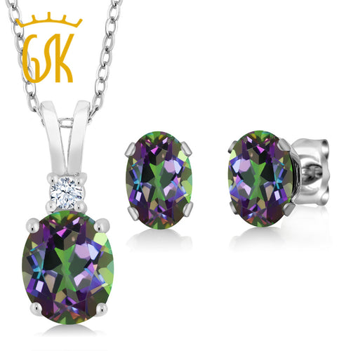 GemStoneKing 3.55 Ct Oval Rainbow Fire Mystic Topaz Pendant Necklace Earrings Set 925 Sterling Silver Jewelry Sets For Women - Be@utyF@shion