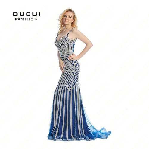 Real Photos Tulle Crystal Royal Blue Color Party Occasion Formal Long Evening Dress OL102829 - Be@utyF@shion