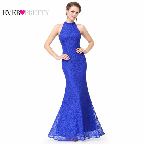 Women's Long Sapphire Blue Prom Dresses Ever Pretty EP08865 Sexy Halter Lace Summer Style Party Dresses Mermaid Prom Dresses - Be@utyF@shion