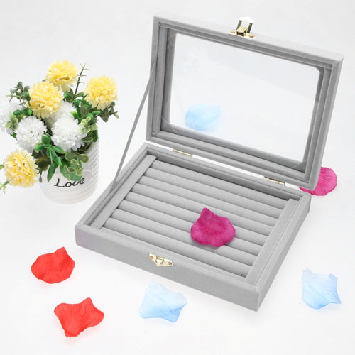 2017 Gray 8 Booths Velvet Carrying Case with Glass Cover Jewelry Ring Display Box Tray Holder Storage Box Organizer - Be@utyF@shion