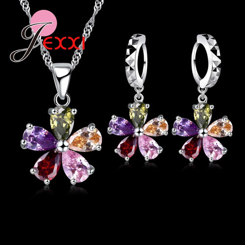 Jemmin Five Petaled Flowers Shinning Colorful Crystal Pendant Jewelry Sets Gift 925 Sterling Necklace Dangle/Hoop Earring Sets - Be@utyF@shion
