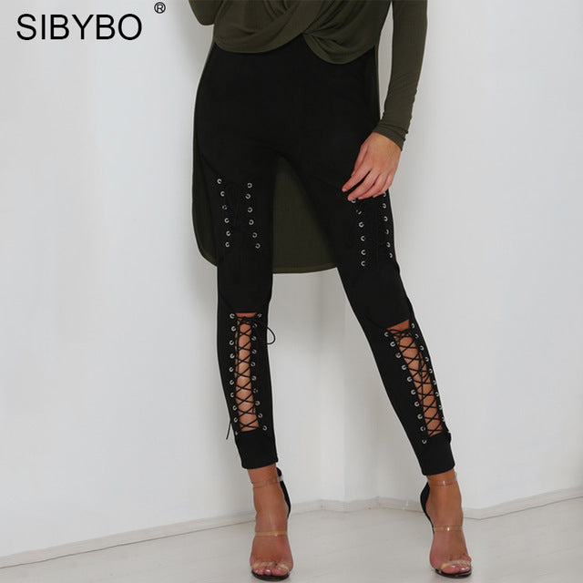 Sibybo Lace Up Suede Leather Pants Women Autumn - Be@utyF@shion
