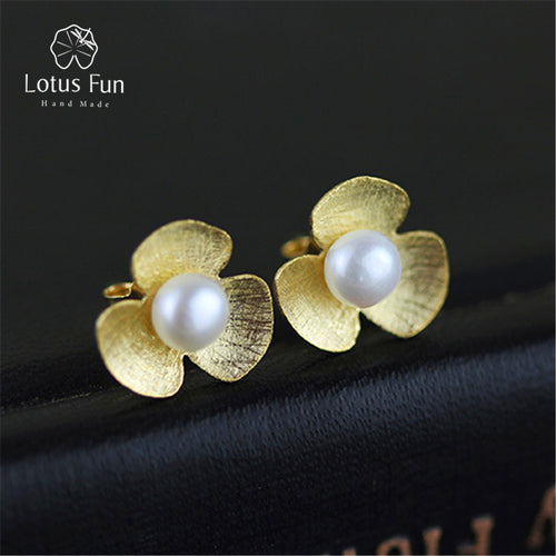 Lotus Fun Real 925 Sterling Silver Natural Pearl Handmade Fine Jewelry Fresh Clover Flower Stud Earrings for Women Brincos - Be@utyF@shion