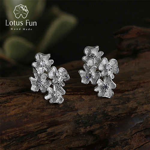 Lotus Fun Real 925 Sterling Silver Natural Creative Handmade Fine Jewelry Fresh Flowers Cluster Stud Earrings for Women Brincos - Be@utyF@shion