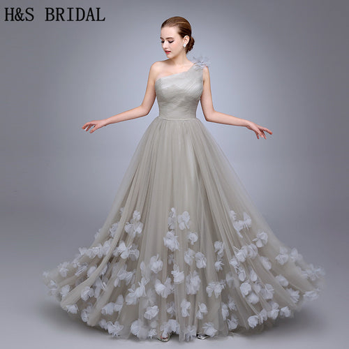 HS11 One Shoulder Ladies Popular Evening Dress A Line robe de soiree Evening Party Flowers Prom Dresses Tulle Long Evening Gown - Be@utyF@shion