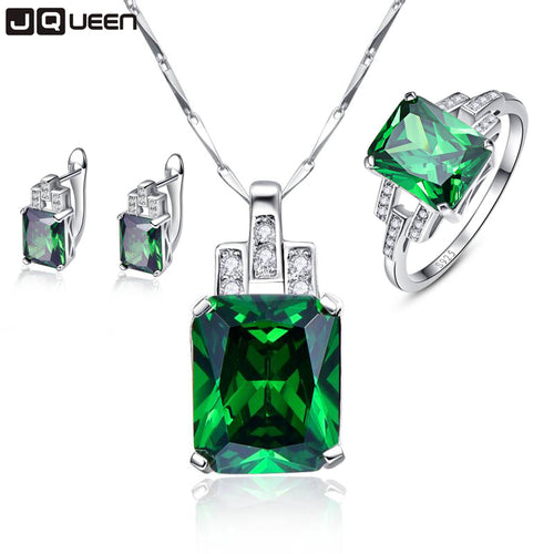 Hope of Green Fine Jewelry Sets Emerald Silver 925 Sterling Pendant Necklace with Earrings Stud Set Green Rings Sz 6-9 for Women - Be@utyF@shion