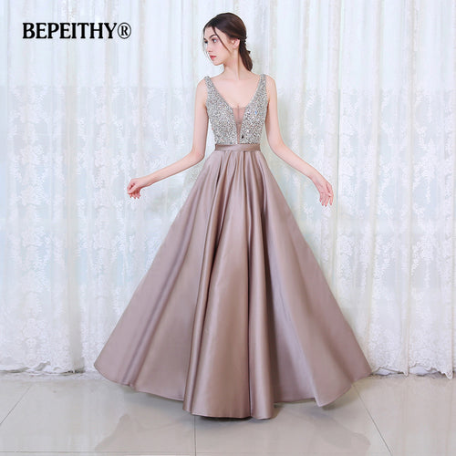 BEPEITHY V-Neck Beads Bodice Open Back A Line Long Evening Dress Party Elegant Vestido De Festa Fast Shipping Prom Gowns - Be@utyF@shion