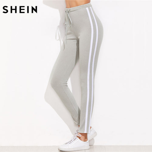 SHEIN High Waist Pants Trousers Women Drawstring Waist Skinny Pants Grey Ribbed Knit Striped Sideseam Sweatpants - Be@utyF@shion