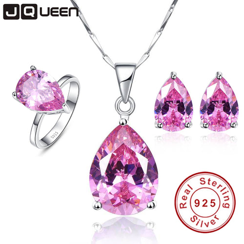 JQUEEN 925 Sterling Silver Jewelry set Mystic Topaz set Pink Water Drop Desgin Necklace Earring Ring sets Women Jewelry set - Be@utyF@shion