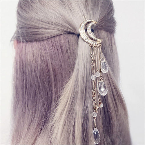 2017 New Charming Gold/Silver/Black/Rose Gold Color Crystal Moon Hair Clip Tassels Long Hair Accessories Femme Bijoux - Be@utyF@shion