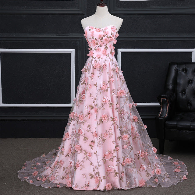 Cheap Long Sweep Train Evening Dress 2017 Luxury Bride Banquet Lace Appliqued Flowers Party Prom Dresses Robe De Soiree Custom - Be@utyF@shion