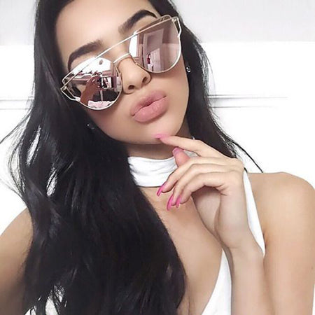 Rose Gold Cat Eye Sunglasses For Women Pink Mirror Shades Female Sun Glasses Black White Coating Cateye Aviation Oculos 2017