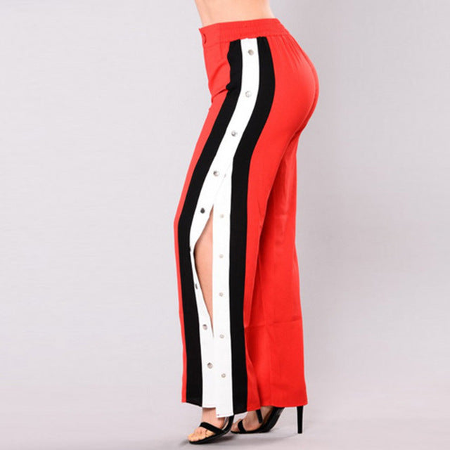 Women Side Button Pants High Split Wide Leg Pants Trousers - Be@utyF@shion