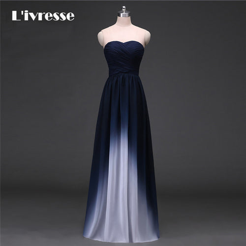New Arrival Gradient Chiffon Prom Dress Evening Dress Strapless Ombre Dress Navy Blue Real Photo - Be@utyF@shion