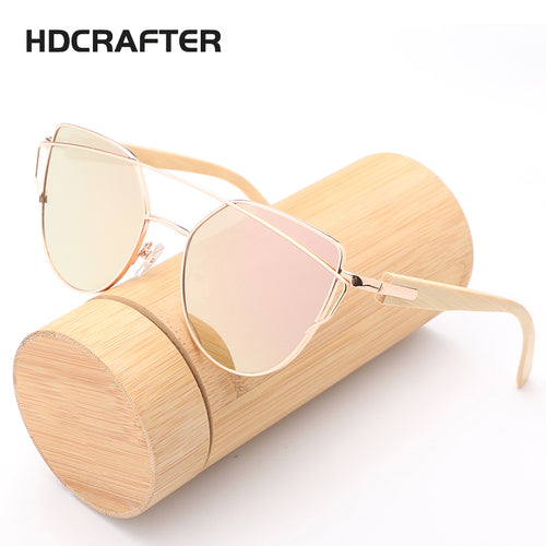HDCRAFTER Cat Eye Wood Bamboo Sunglasses Women Fashion Mirror Sunglasses Women Brand Designer HD Glasses - Be@utyF@shion