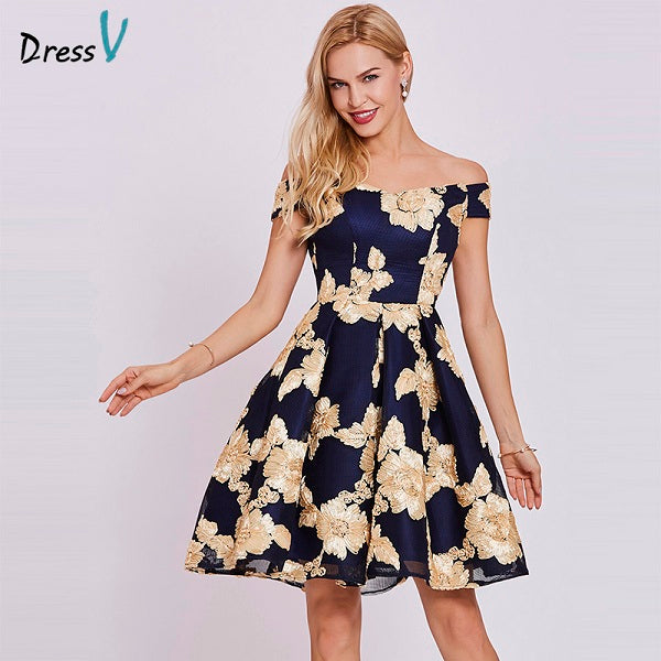 Dressv dark navy black lace cocktail dress off the shoulder elegant formal party dress 2017 cheap a line short cocktail dresses - Be@utyF@shion