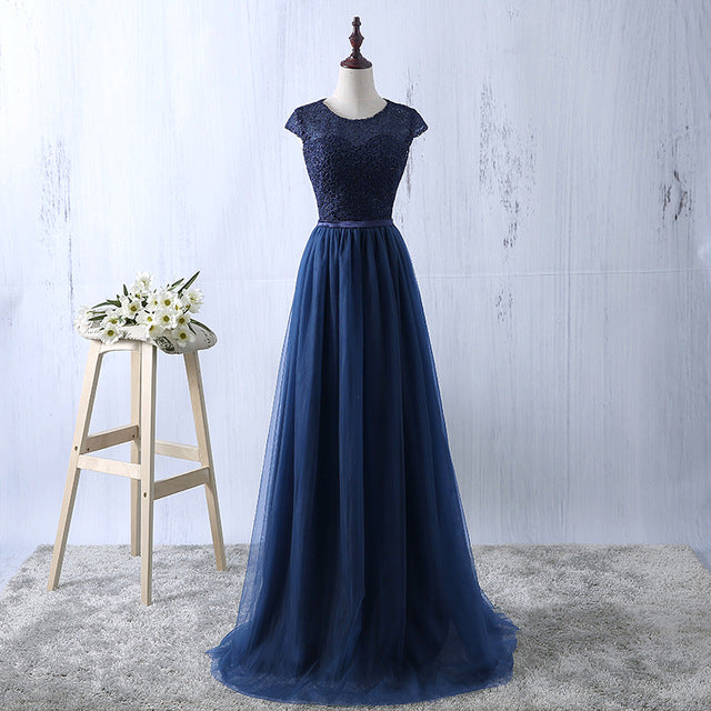 YIDINGZS Navy Blue Prom Dress 2017 New Arrive Lace Tulle A-line Formal Long Evening Party Dress - Be@utyF@shion