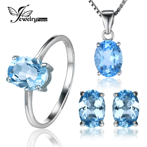 JewelryPalace 925 Sterling Silver Oval 5.8ct Natrual Blue Topaz Ring Stud Earrings Pendant Necklace Jewelry Sets 45cm Box Chain - Be@utyF@shion