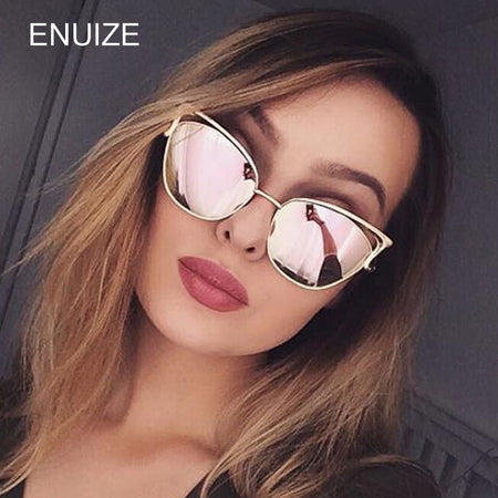 Rose Gold Cat Eye Sunglasses For Women Pink Mirror Shades Female Sun Glasses Black White Coating Cateye Aviation Oculos 2017