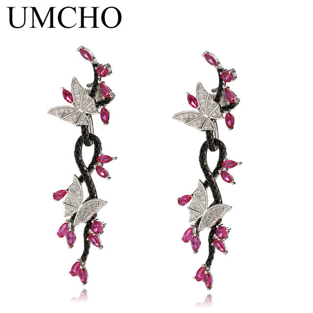 UMCHO 925 Sterling Silver Butterfly Natural Gemstone Black Spinel Ruby Drop Earrings Romantic Earrings For Women Fine Jewelry - Be@utyF@shion