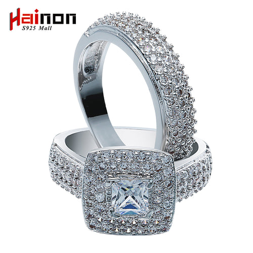Fashion Women Engagement Ring Set Austrian Crystal White gold-color Full Size White Zircon Ring Sets Wedding Bride Jewelry - Be@utyF@shion