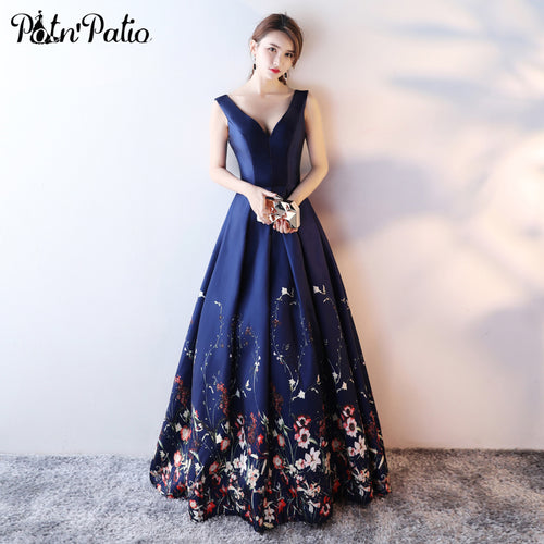 PotN'Patio Printed Floral Satin Evening Dresses Long 2017 New Elegant V-neck Shoulder Straps Navy Blue Evening Gown - Be@utyF@shion