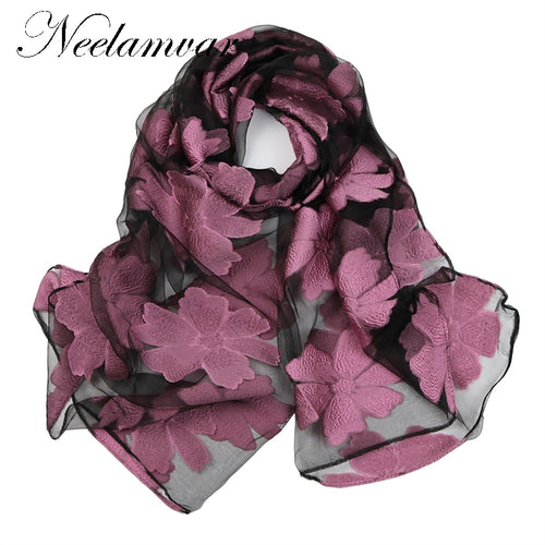 Neelamvar 2017 Brand bandana Silk Scarf Women Luxury hijab Embroidery Long Scarf black Lace yarn Scarves Fashion Shawl Foulard - Be@utyF@shion