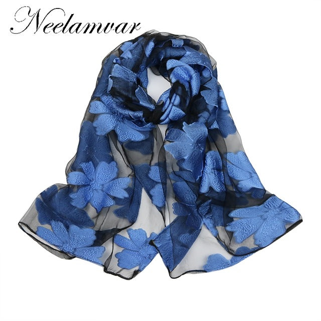 Neelamvar 2017 Brand bandana Silk Scarf Women Luxury hijab Embroidery Long Scarf black Lace yarn Scarves Fashion Shawl Foulard - Be@utyF@shion