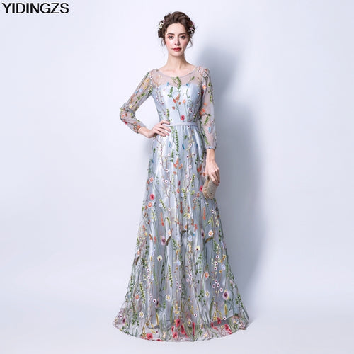 YIDINGZS Women's Formal Dress Gray Zipper Back Flowers Embroidery Long Sleeves Evening Dress Party Robe De Soiree - Be@utyF@shion