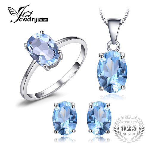 JewelryPalace Oval 5.8ct Natrual Blue Topaz Ring Stud Earrings Pendant Necklace 925 Sterling Silver Jewelry Sets 45cm Box Chain - Be@utyF@shion