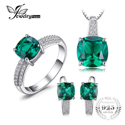 JewelryPalace 8.7ct Emerald Ring Pendant Clip Earrings Jewelry Set 925 Sterling Silver Fine Jewelry 45cm Box Chain - Be@utyF@shion