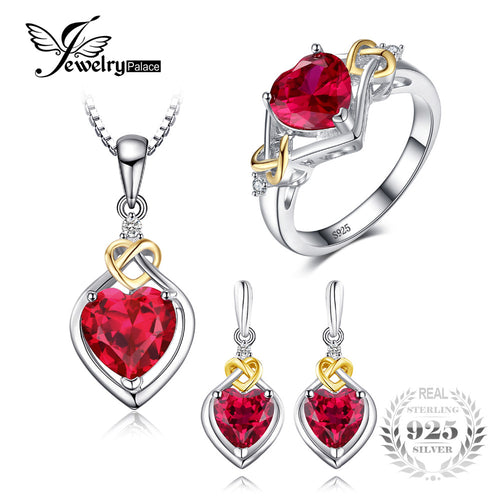 JewelryPalace Love Knot Heart 8.4ct Created Ruby Anniversary Promise Ring Drop Dangle Earrings Pendant Necklace 925 Sterling - Be@utyF@shion