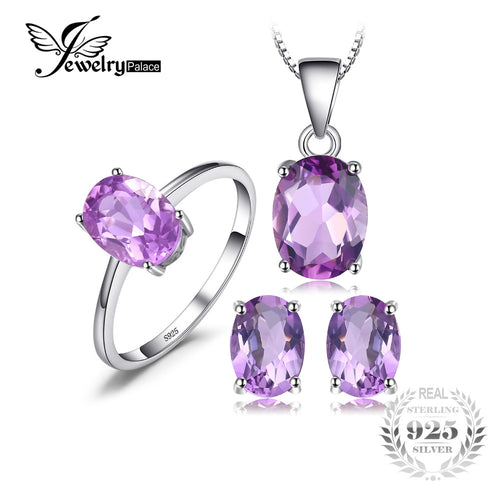 JewelryPalace Oval 4.2ct Natural Gemstone Amethyst Ring Earrings Pendant Necklace Jewelry Set 925 Sterling Silver Jewelry - Be@utyF@shion