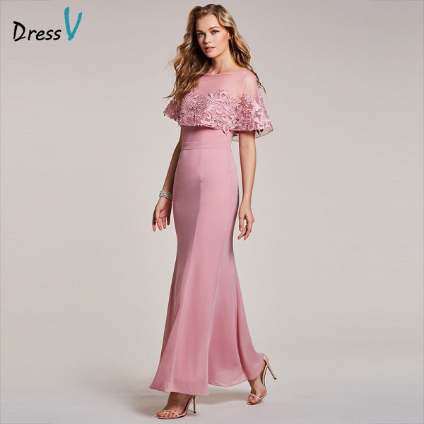 Dressv peach evening dress cheap scoop neck short sleeves mermaid floor length wedding party formal dress trumpet evening dress - Be@utyF@shion