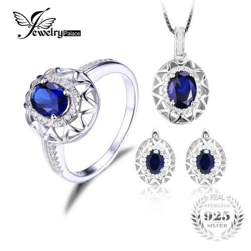 Jewelrypalace Oval  925 Sterling Silver Jewelry Set Blue Created Sapphire Ring Pendant Earring Clip Brand For Women Fine Jewelry - Be@utyF@shion