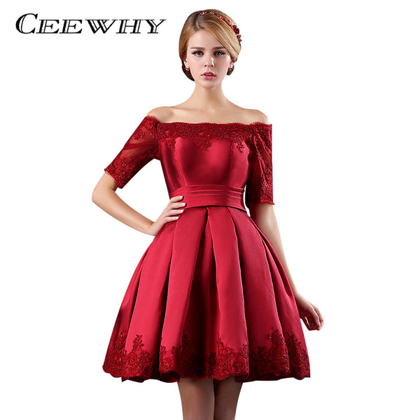 5 Colors Jersey Short Sleeve Ball Gown Embroidery Lace Special Occasion Women Evening Party Knee Length robe de Cocktail Dresses - Be@utyF@shion