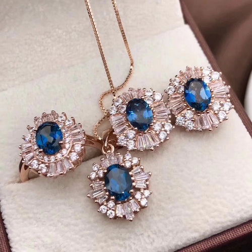 Fidelity Natural 5*7mm blue topaz s925 sterling silver fashion fine jewelry sets women natural gemstone rings Pendants earrrings - Be@utyF@shion